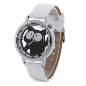 Relógio Feminino A7741 da Shiweibao com Estampa de Gato Visor Transparente e Pulseira de Couro (Branco)