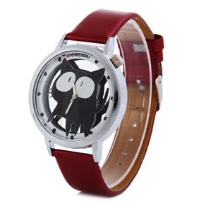 Relógio Feminino A7741 da Shiweibao com Estampa de Gato Visor Transparente e Pulseira de Couro (Vermelho)