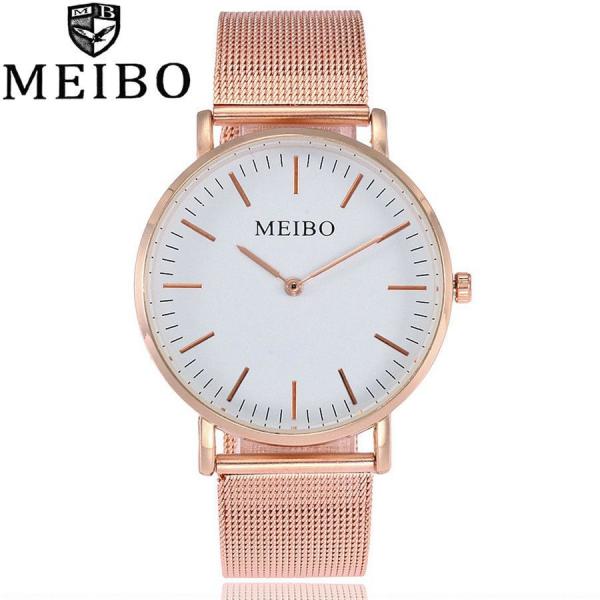 Relógio Feminino Aço Inoxidável Cinta de Malha Rosa Meibo