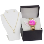 Relógio Feminino Aço Orizom Dourado Rosa Caixa Colar Brinco