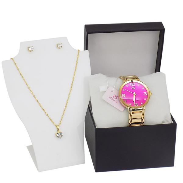 Relógio Feminino Aço Orizom Original Dourado Rosa + Caixa + Colar + Brinco