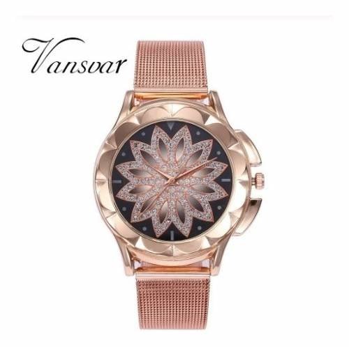 Relógio Feminino Aço Rosé Flor Quartz Céu Estrelado Vansvar (Rosé, Rosé, Rosé)