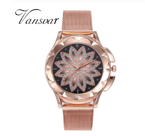 Relógio Feminino Aço Rosé Flor Quartz Céu Estrelado Vansvar