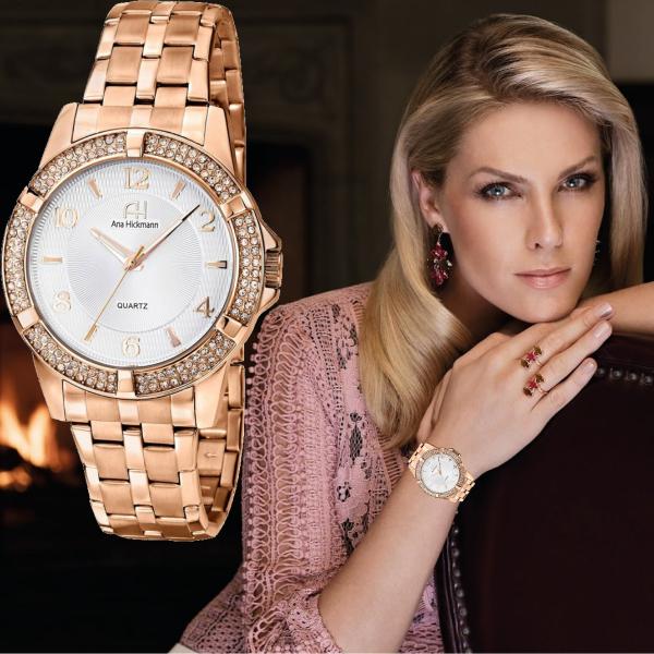 Relógio Feminino Ana Hickmann Rosê C/ Strass Ah28660z