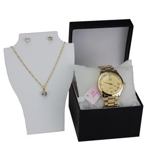 Relógio Feminino Analógico Dourado Quartz Inox Colar Brinco