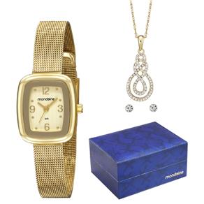 Relógio Feminino Analógico Mondaine 83149LPMNDE1K1 – Dourado + Conjunto de Corrente e Brincos Infinito Strass