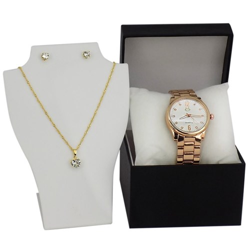 Relógio Feminino Analógico Quartz Aço Inox Dourado Colar Brinco