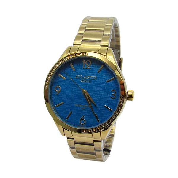 Relogio Feminino Atlantis G3502 Dourado Fundo Azul