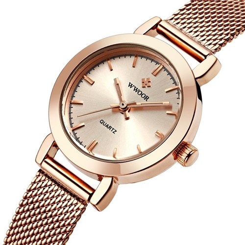 Relógio Feminino Casual Pulseira em Aço Woor (Branco com Rosa Dourado)