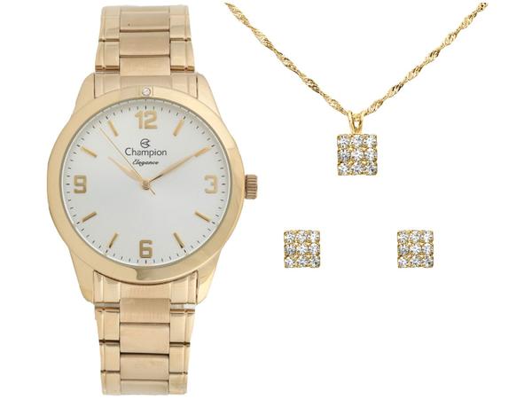 Relógio Feminino Champion Analógico Elegance - CN26859W Dourado com Brinco e Colar