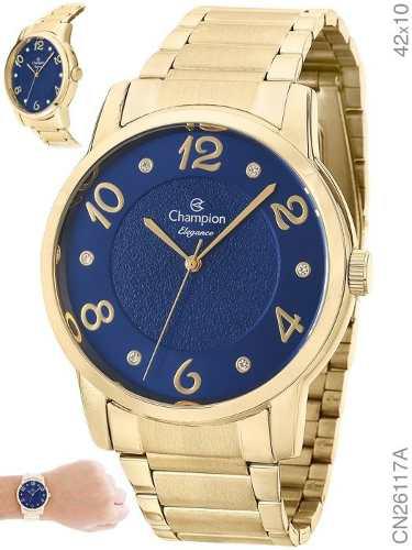 Relógio Feminino Champion Dourado Azul Elegance Cn26117a