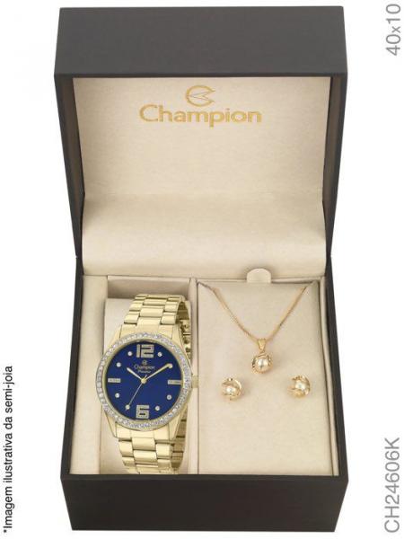 Relogio Feminino Champion Dourado Fundo Azul Kit Ch24606k