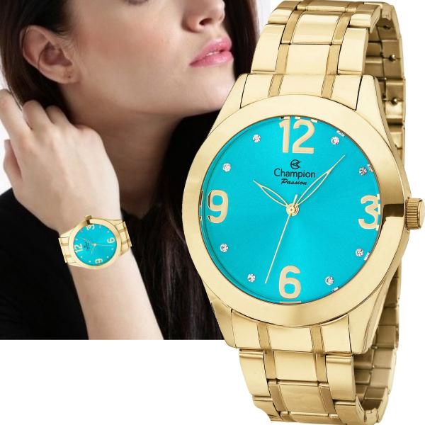Relógio Feminino Champion Dourado Grande Mostrador Azul Original CH24268F