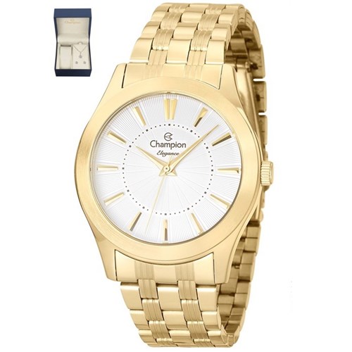 Relogio Feminino Champion Dourado Kit com Colar e Brinco Cn25378w