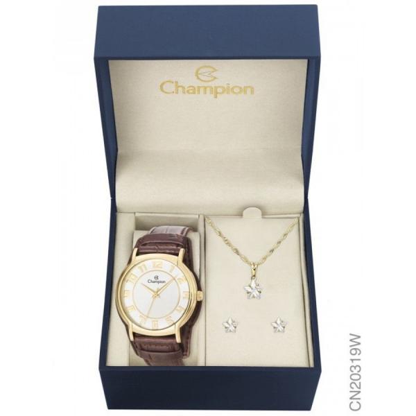 Relogio Feminino Champion Dourado Pulseira Couro C/ Brinde Cn20319w