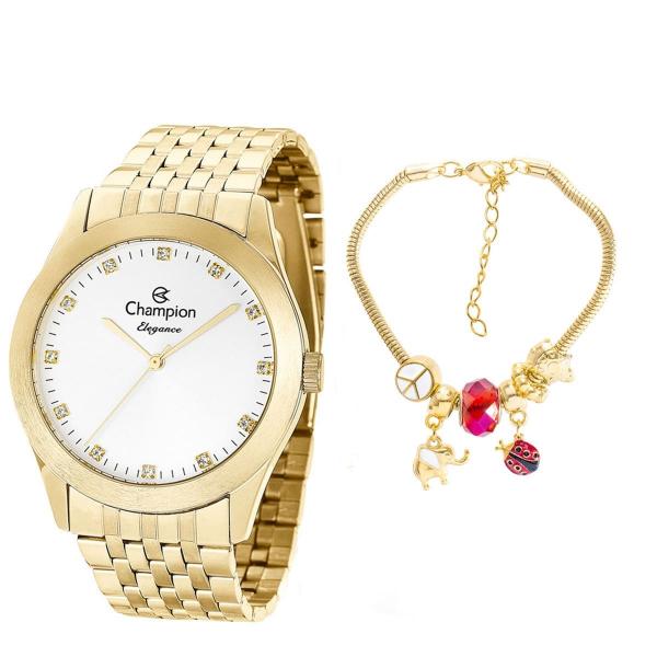 Relógio Feminino Champion Elegance Kit Pulseira CN26742S Dourado