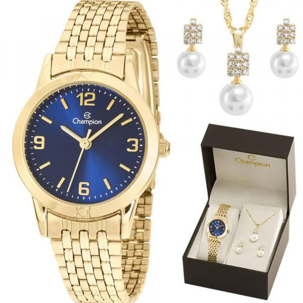 Relógio Feminino Champion Fundo Azul + Kit Ch26775k