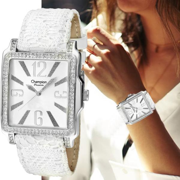 Relógio Feminino Champion Prateado Quadrado Couro Branco Original CH24222S