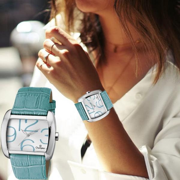 Relógio Feminino Champion Prateado Quadrado Pulseira Azul Claro Original CH22591F