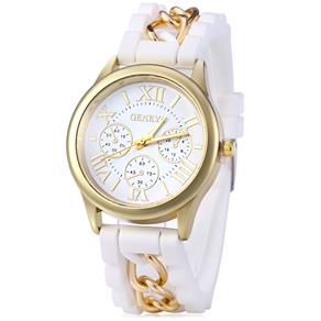 Relógio Feminino com Pulseira de Silicone e Corrente (Branco)