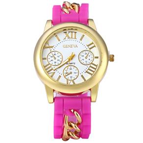 Relógio Feminino com Pulseira de Silicone e Corrente (Rosa)