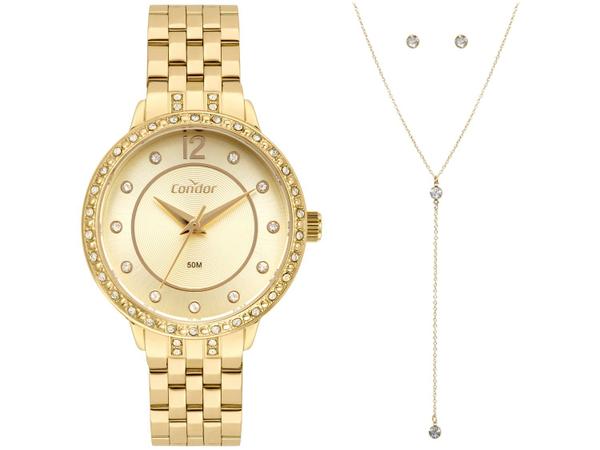 Relógio Feminino Condor Analógico Elegante - CO2036MUQ/K4D Dourado com Brinco e Colar