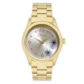 Relogio Feminino Condor Dourado Fundo Prata com Flor