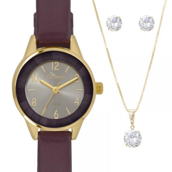 Relógio Feminino Condor Dourado Pulseira em Couro Kit Jóias Colar e Brincos