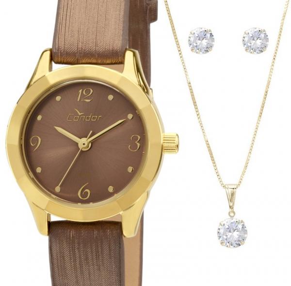 Relógio Feminino Condor Dourado Pulseira em Couro Pequeno Kit Jóias Colar e Brincos