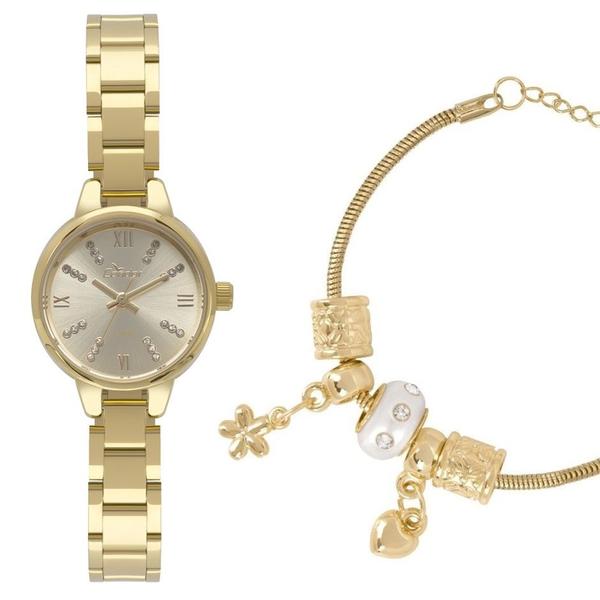 Relógio Feminino Condor Luxo Dourado + Pulseira com Berloque