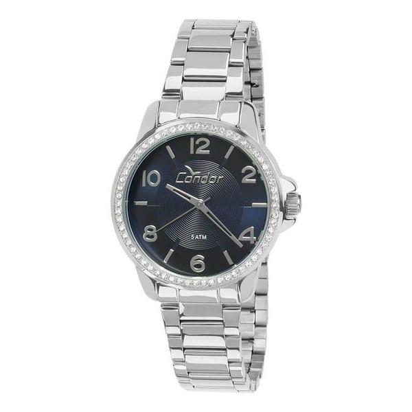 Relogio Feminino Condor Prata e Azul a Prova Dagua Strass CO2035KQJ/3A