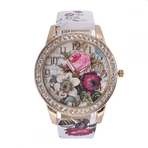 Relógio Feminino Couro Pulso Flor Quartzo Analógico Dial