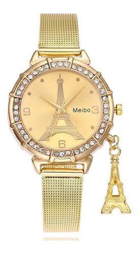 Relógio Feminino de Luxo com Cristais e Pingente Torre Eiffel - Meibo