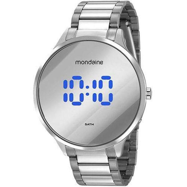 Relogio Feminino Digital Prata Led Azul Espelhado Mondaine