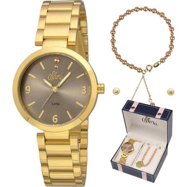 Relogio Feminino Dourado Allora Fundo Cinza Colar e Brinco