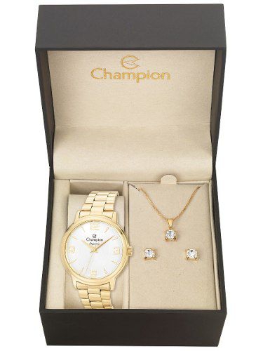 Relógio Feminino Dourado Champion Cn26126w com Brinde Kit Semijoias