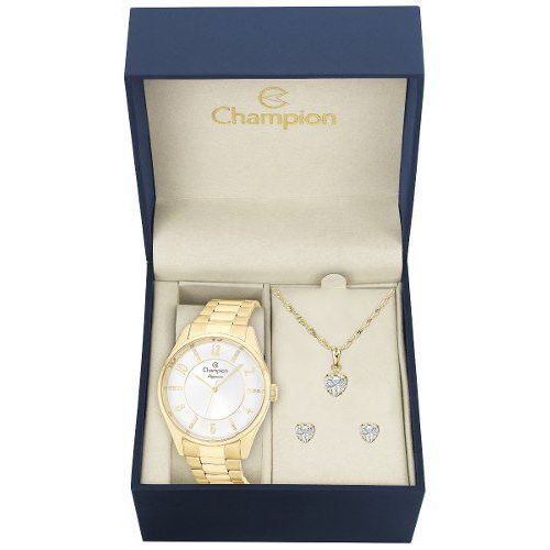 Relógio Feminino Dourado Champion Cn26288w + Conjunto de Brincos e Colar