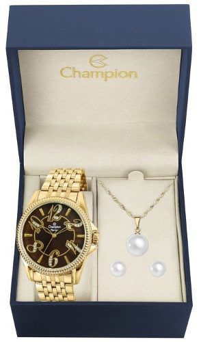 Relógio Feminino Dourado Champion Cn27358k com Brinde Kit Semijoias