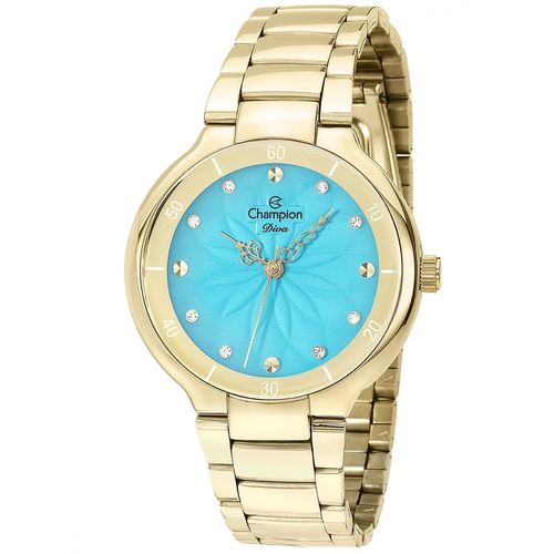 Relogio Feminino Dourado Champion Fundo Azul Detalhe Flor