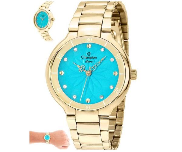 Relogio Feminino Dourado Champion Fundo Azul Detalhe Flor