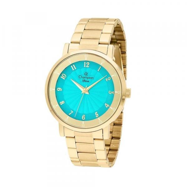 Relogio Feminino Dourado Champion Fundo Azul Turquesa Diva