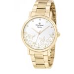 Relogio Feminino Dourado Champion Fundo Prata com Flor