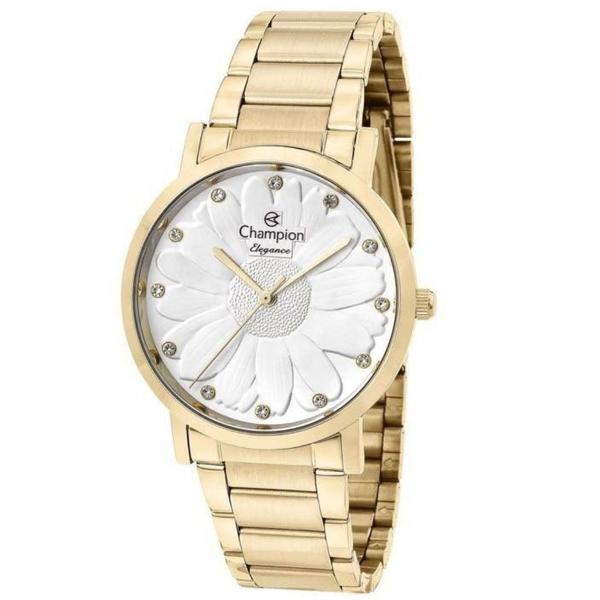 Relogio Feminino Dourado Champion Fundo Prata com Flor