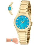 Relógio Feminino Dourado Champion Pequeno Fundo Azul Pedras
