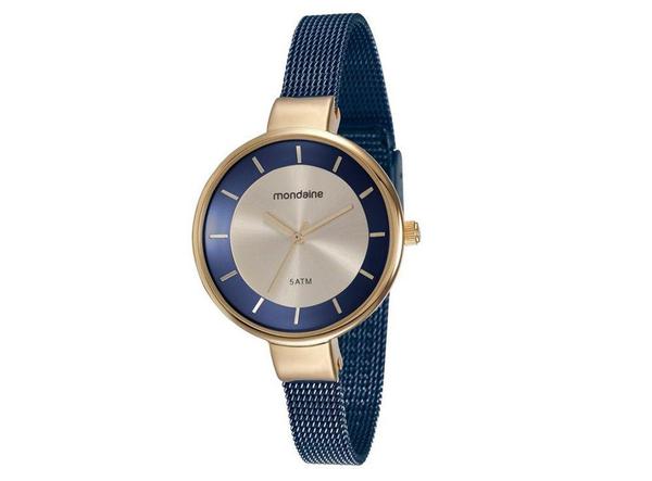 Relogio Feminino Dourado com Azul Mondaine Pulseira Fina