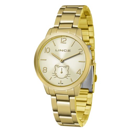 Relogio Feminino Dourado com Gato Lince LMG4574L C2KX