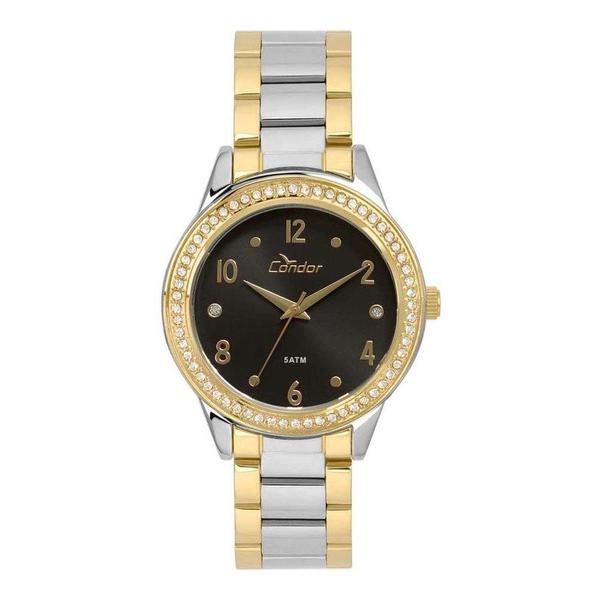 Relogio Feminino Dourado com Prata com Pedras Strass Condor