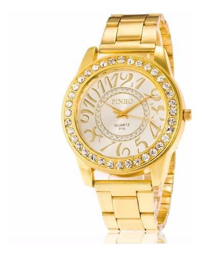 Relogio Feminino Dourado com Strass Quartzo - Pinbo