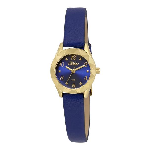 Relogio Feminino Dourado Condor Couro Azul Pequeno Co2035kre