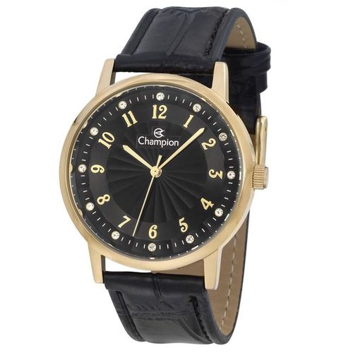 Relógio Feminino Dourado Couro Preto CN28259P